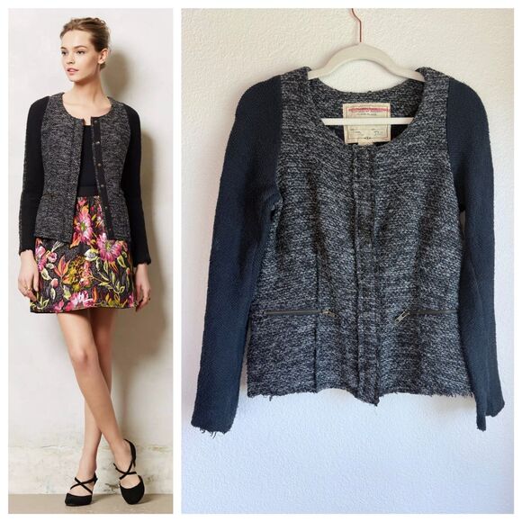 Anthropologie Cartonnier Glimmered Tweed Snap Front Jacket in Gray & Black Sz M - Picture 1 of 13